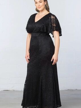 Kiyonna Black Lace V-Neck Maxi Dress with Cape Sleeves